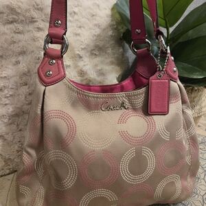 Coach Beige and Pink Signature Shoulder Op Art Ashley Hobo